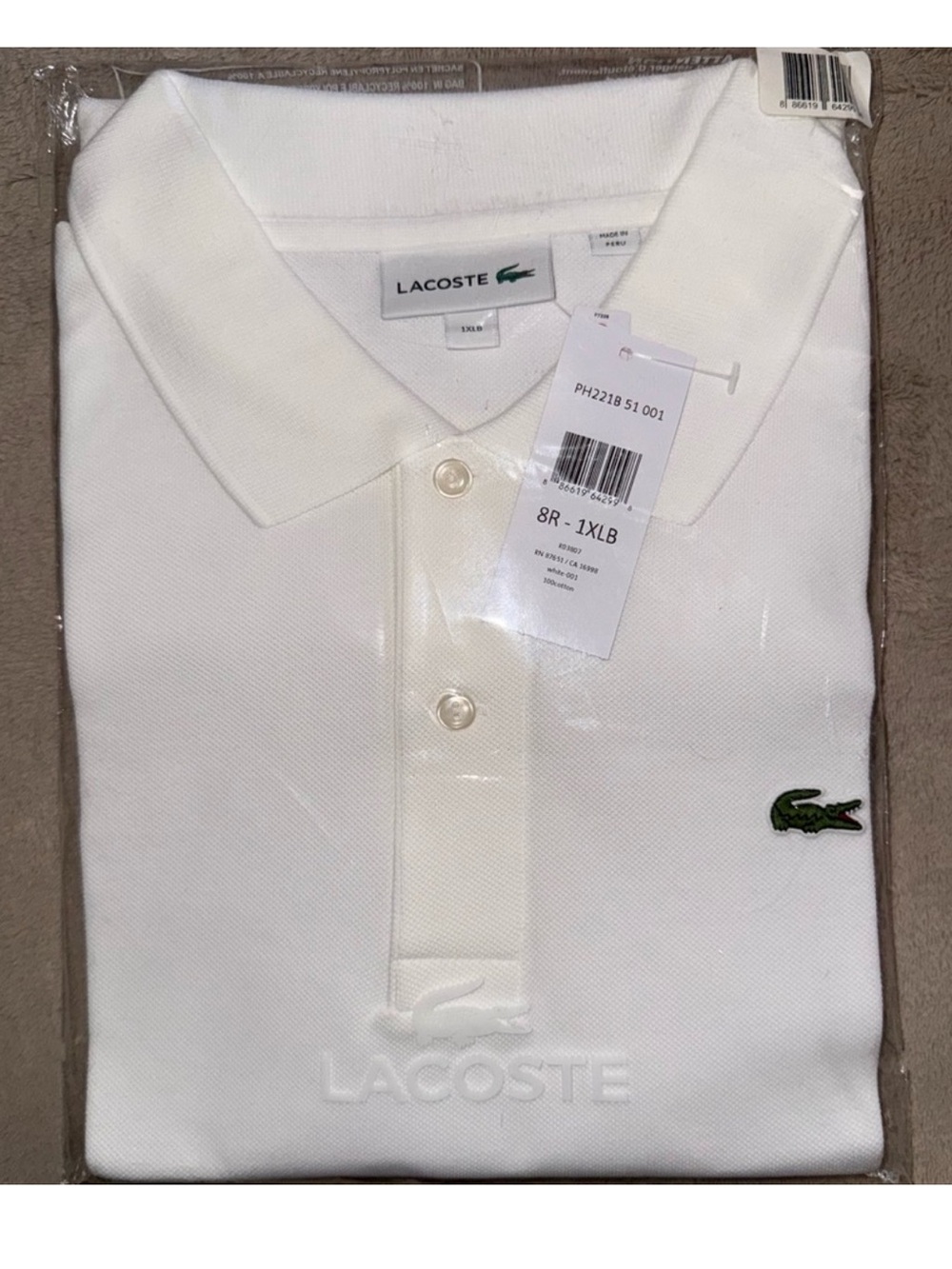 Lacoste Men's Big Fit Polo - White. Size 8R / 1XLB